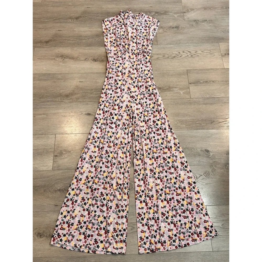 Free People Vibe Check Floral Wide Leg Jumpsuit‎ Mock Neck Tie Waist Medium M